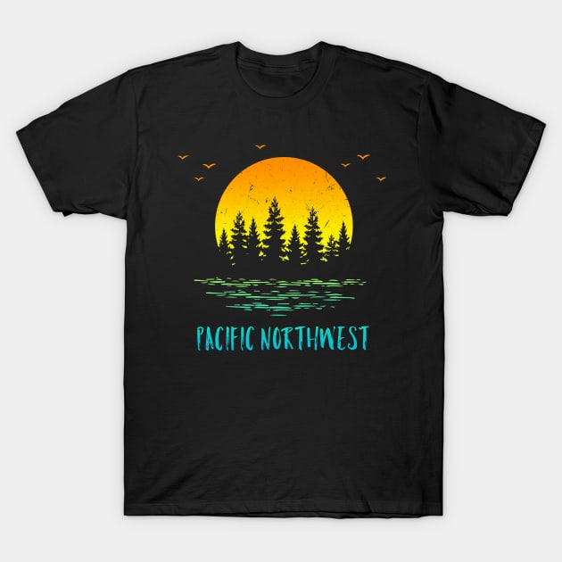 Pacific NW Northwest Sunset Trees Water Birds T-Shirt by Pine Hill Goods